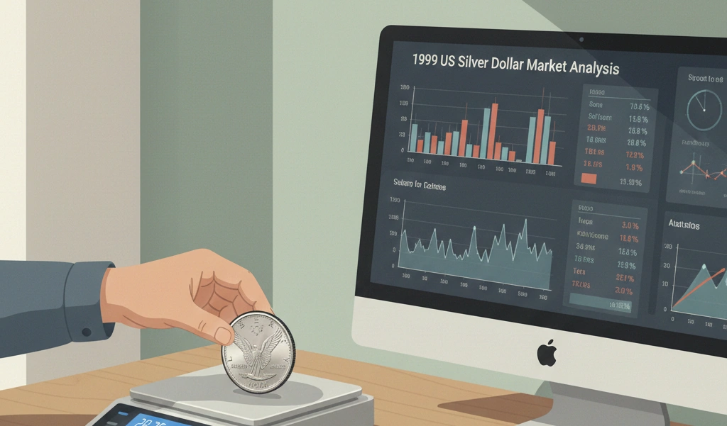 A collector weighing a 1999 silver dollar on a digital scale next to price charts