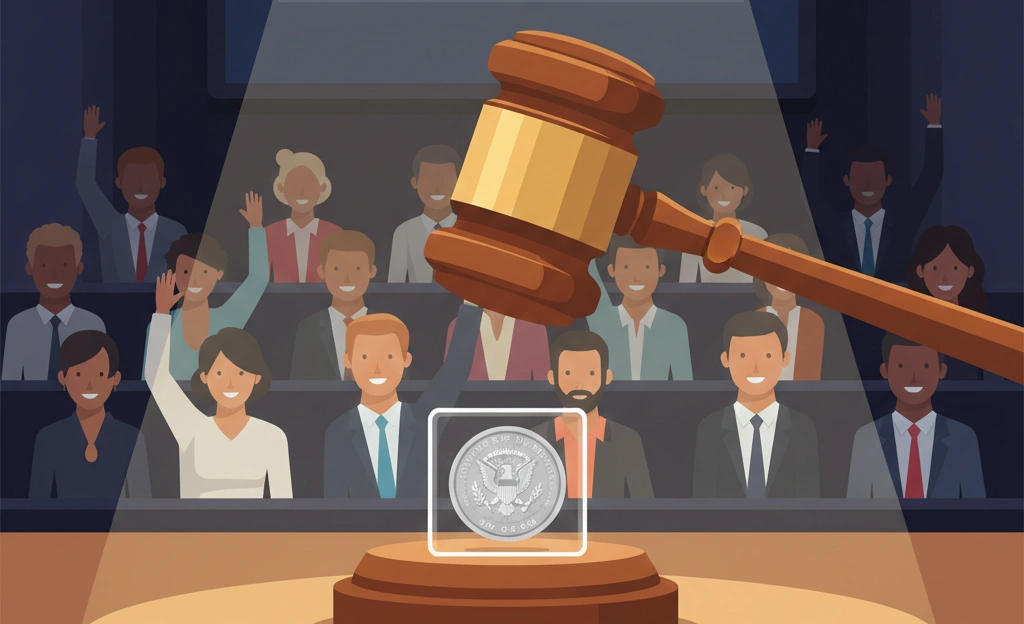 An auctioneer’s hammer frozen mid-air above a 1999 silver dollar