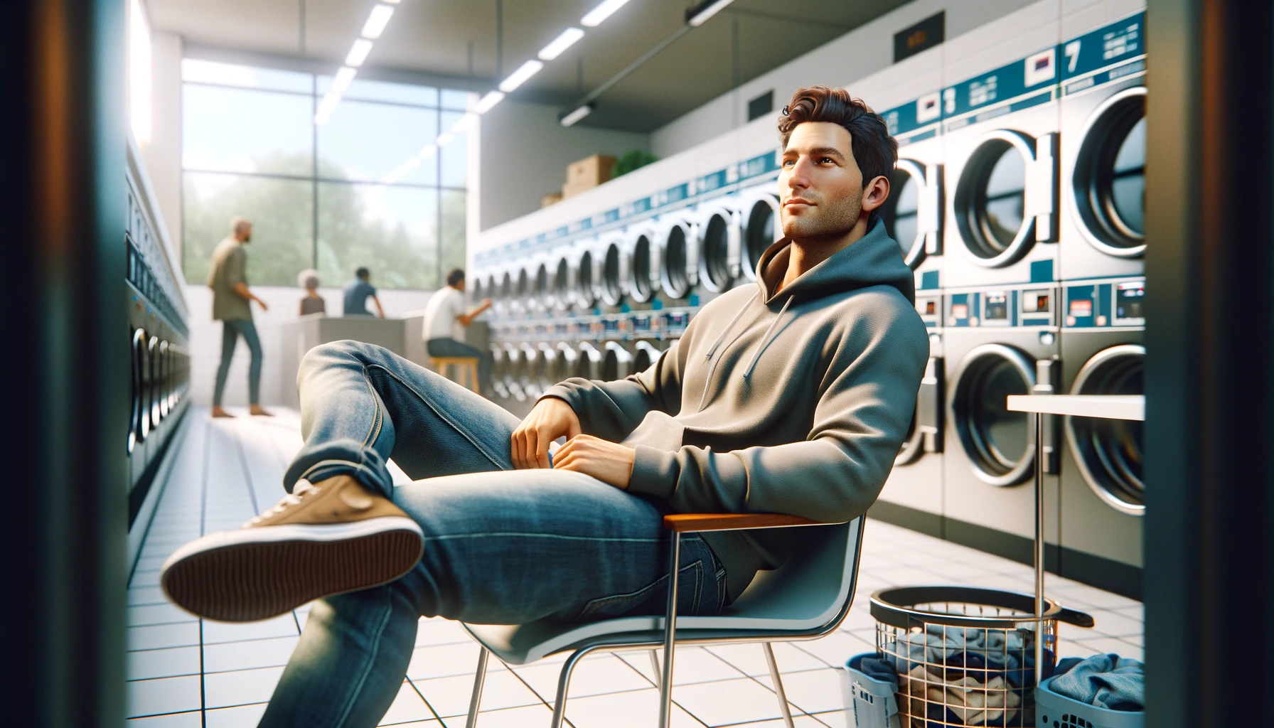 a relaxed man in a laundromat. The man is casually dressed in a hoodie and jeans, sitting comfortably in a modern, clean laundromat. He is leaning back on a chair.