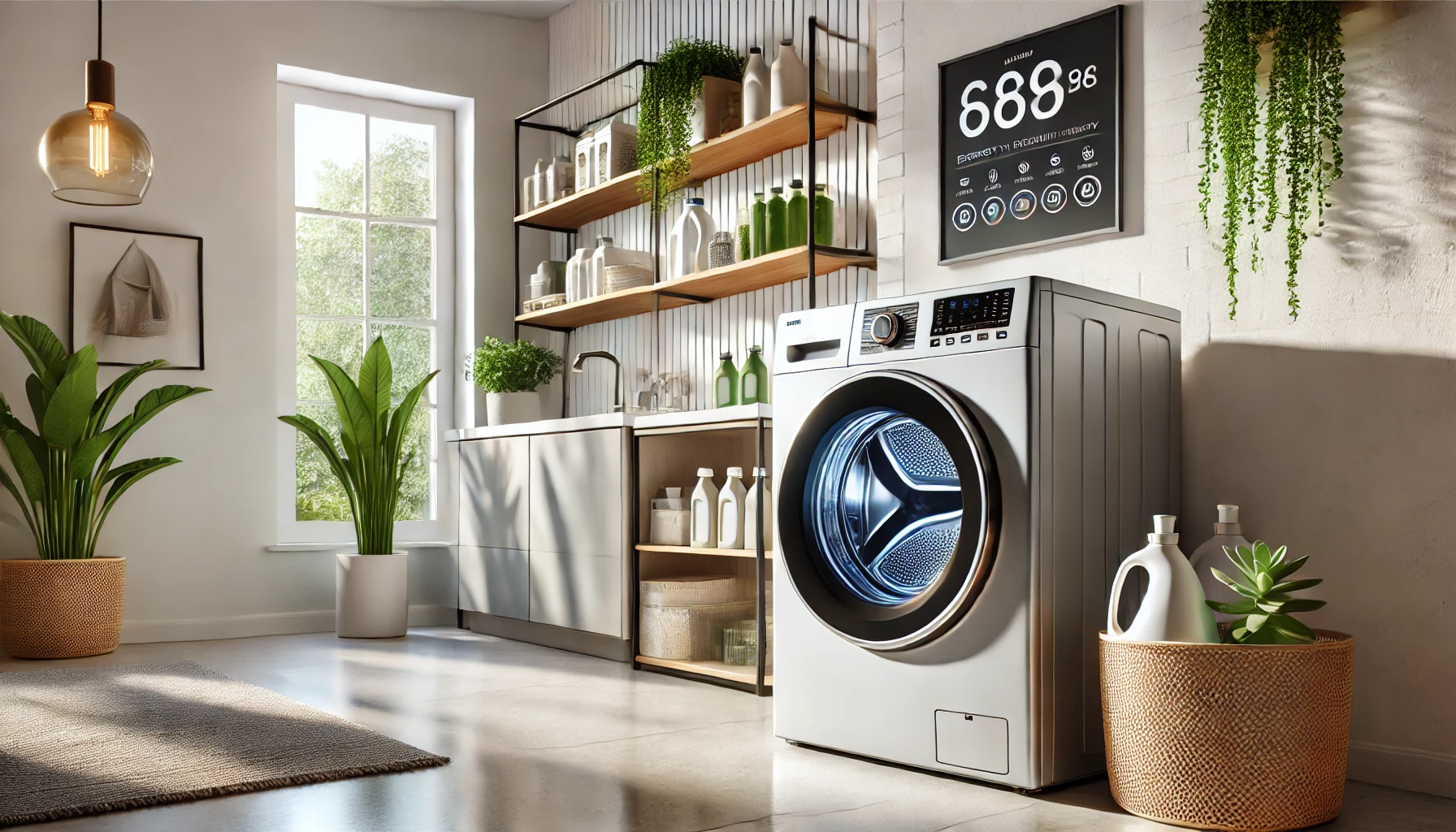 A high-tech laundry room with a focus on energy-efficient washing machines