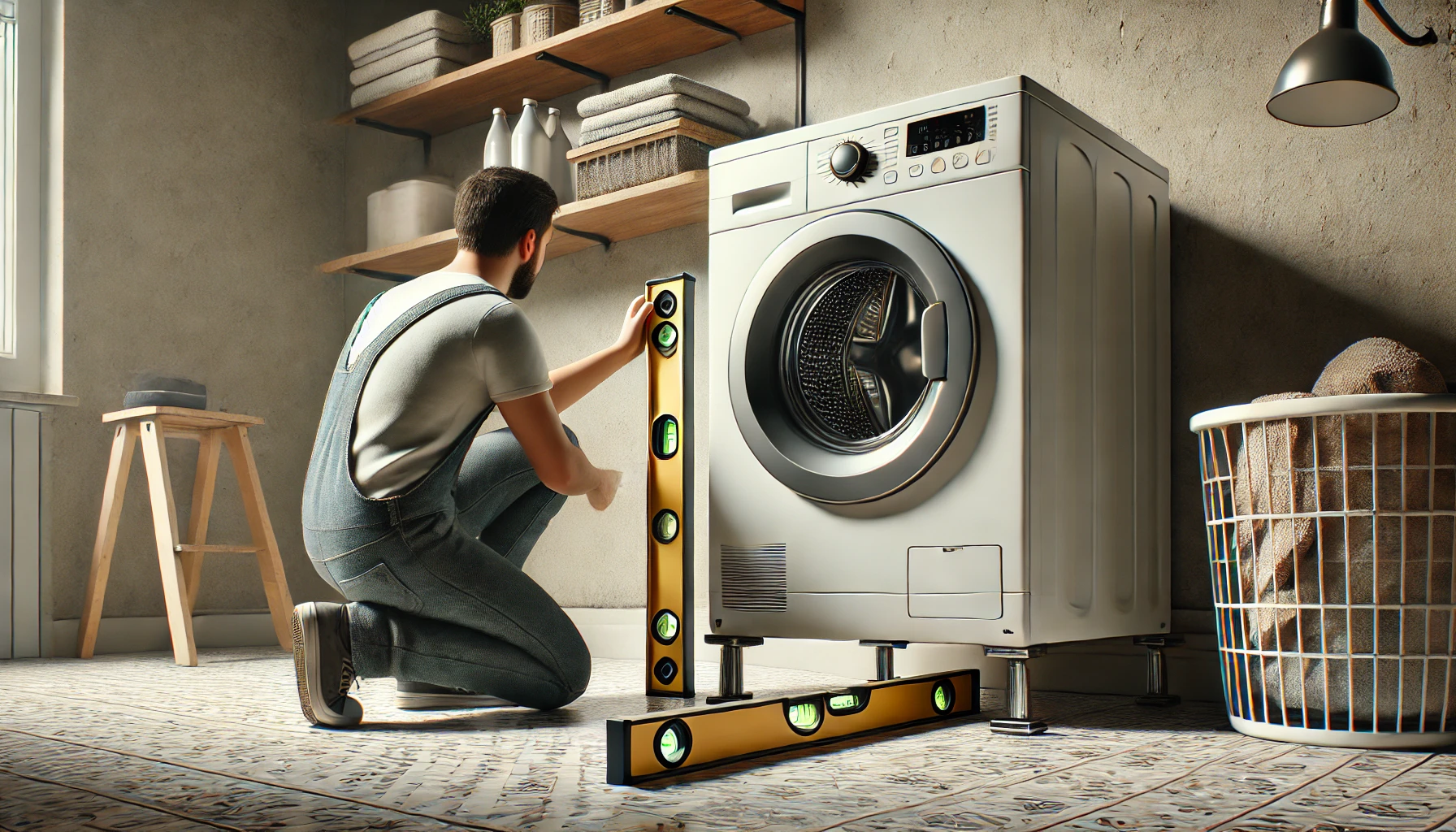 a person kneeling in front of a washing machine that has been moved out of place due to excessive vibration.