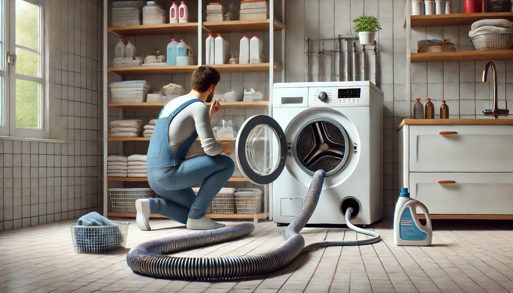 a person kneeling in front of a washing machine and inspecting its drainage hose. 