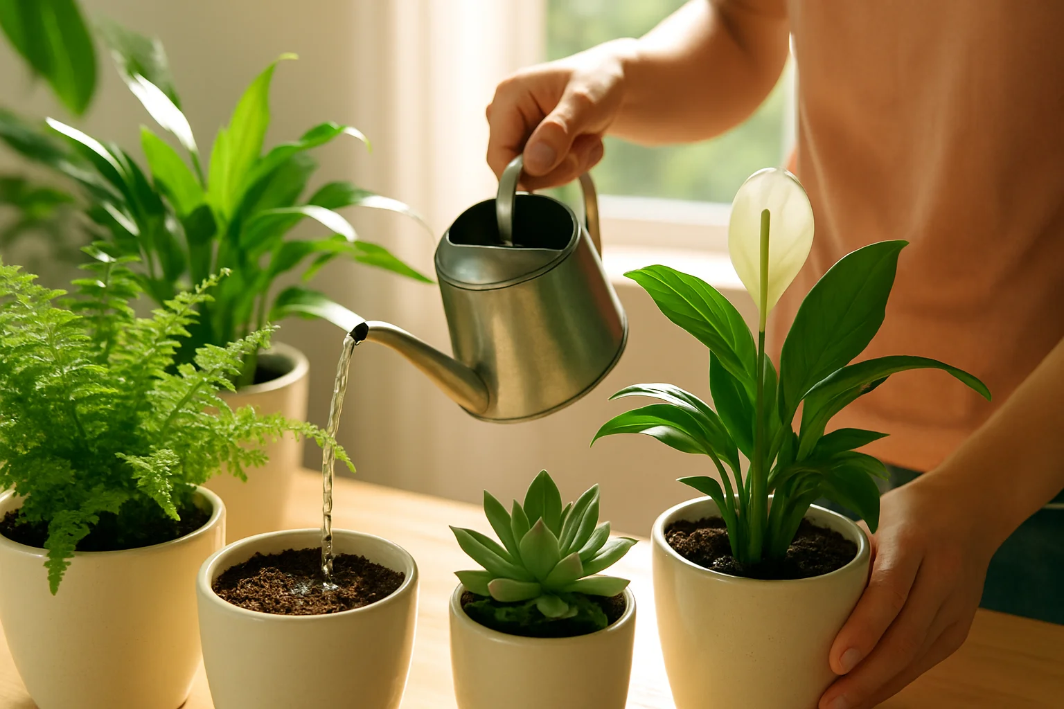 a person watering houseplants