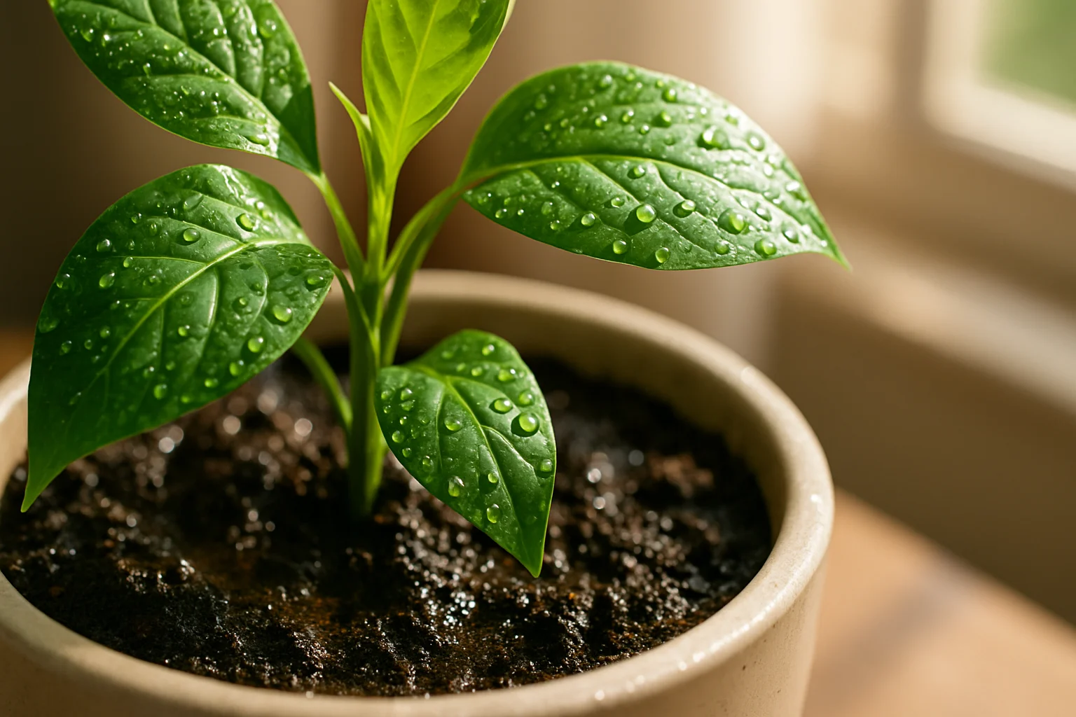 A close-up view of a freshly watered houseplant in a ceramic pot. The soil appears dark and moist, with small droplets of water visible on the leaves