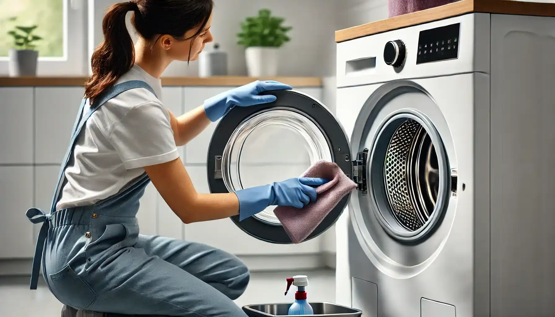 A woman cleaning the rubber gasket of a washing machine.