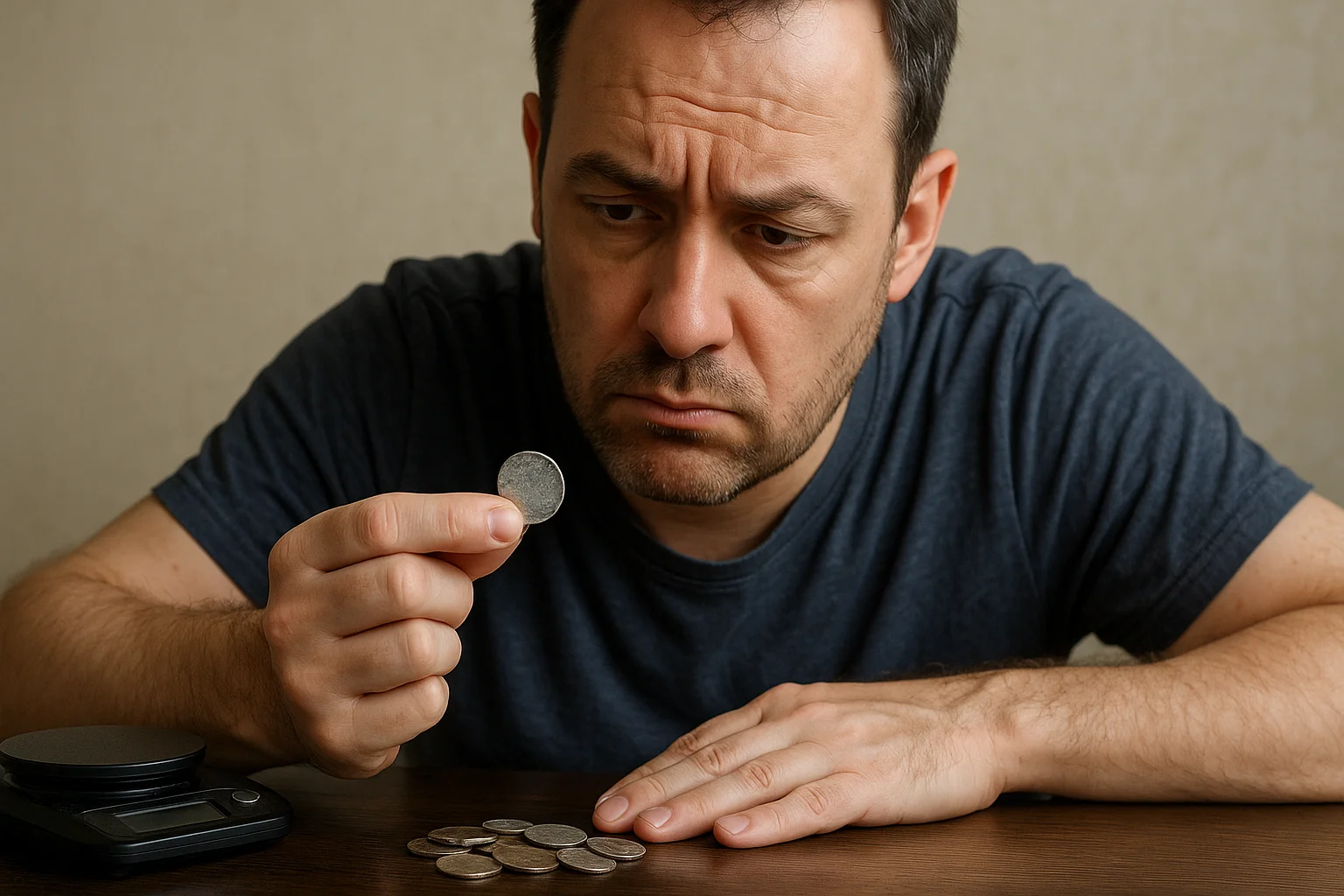  A collector examines a heavily worn silver coin and realizes that in this condition its price is based only on melt value, not collectability.