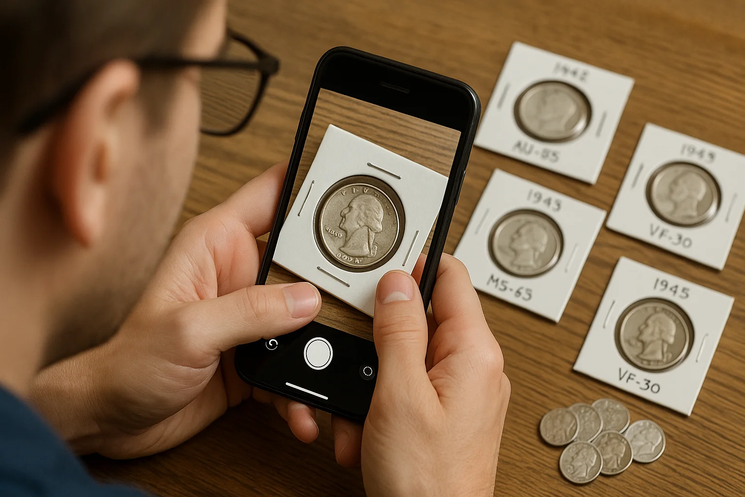 A collector photographs a silver coin in a labeled holder to record its grade and date for accurate collector-value comparison.
